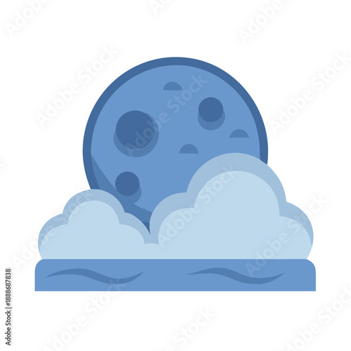Stylized blue moon shining above fluffy clouds illustration