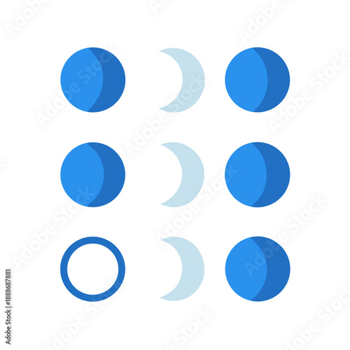 Moon Phases Chart in Blue Color Over White Background