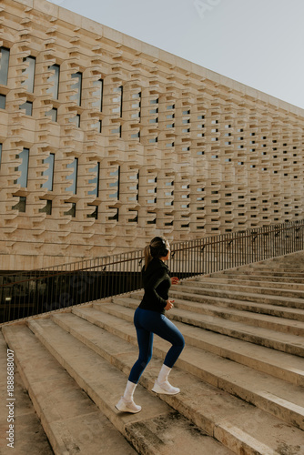 Woman exercises on steps in...