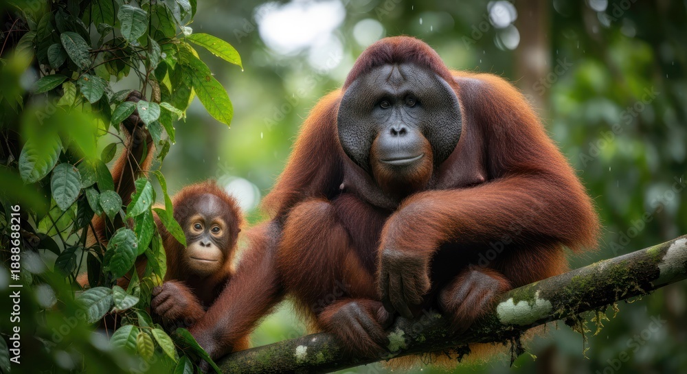 Obraz premium Two orangutans in a lush, green forest, one adult and one juvenile, sitting on a branch. The adult orangutan is looking at the camera, while the juvenile is looking away.