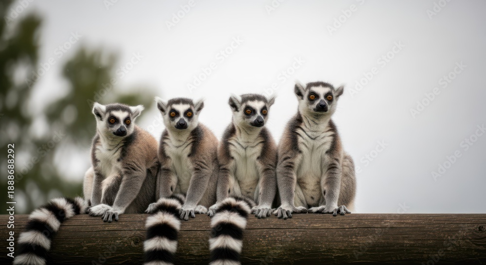 Obraz premium Four ring-tailed lemurs sitting on a wooden log, with a blurred natural background. The lemurs are facing forward, and one has its tail hanging over the edge of the log.