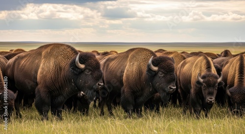 A herd of bison grazing in a grassy field under a partly cloudy sky.
