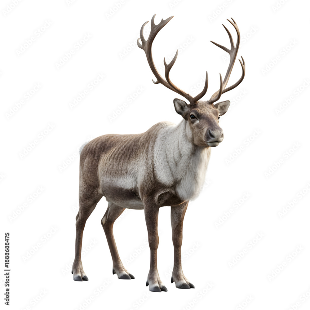Fototapeta premium Majestic reindeer with large antlers standing gracefully isolated on transparent background