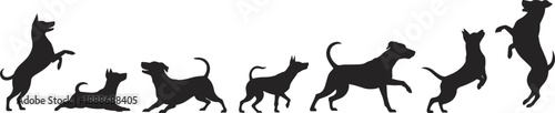 Playful dog silhouettes in motion, showing jumping, running, and sitting poses in a clean black vector style for design, training, pet, and animal illustrations.