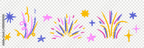 Celebration sticker set with crayon fireworks and hand drawn confetti flash transparent background.
