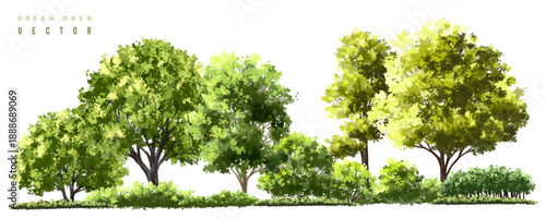 Vertor set of green tree,plants side view for landscape elevations,element for backdrop,eco environment concept design,watercolor greenery scene