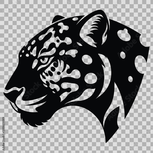 Black and white illustration of a leopards head with spots on a transparent background