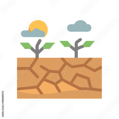 Desert landscape with cracked earth, trees, sun and clouds
