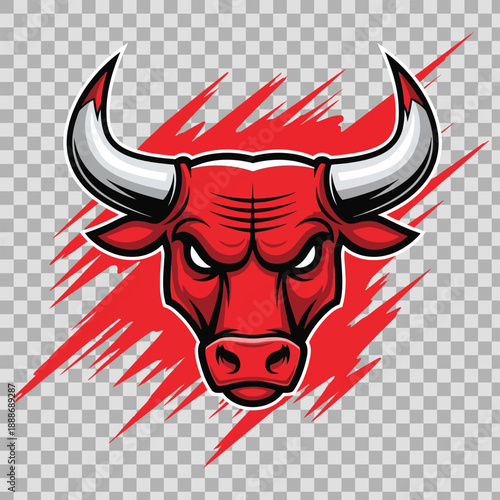 A red bulls head with white horns and red brush strokes on a transparent background