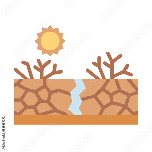 Arid cracked land with barren trees under scorching sun