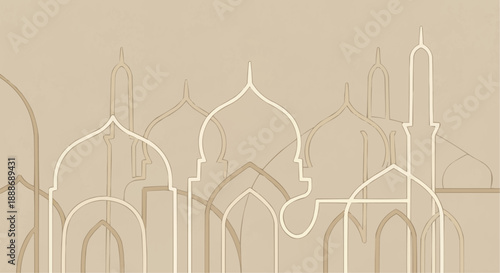 Minimalist abstract line art of mosque architecture arches and domes for Islamic background.