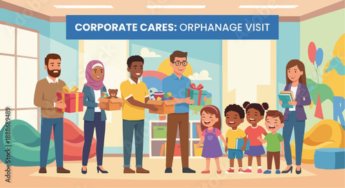 Flat vector illustration of people visiting orphanage and giving gifts to children during Ramadan.