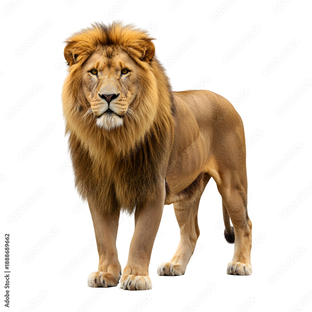 Fototapeta premium Majestic male African lion standing proudly with full mane isolated on transparent background