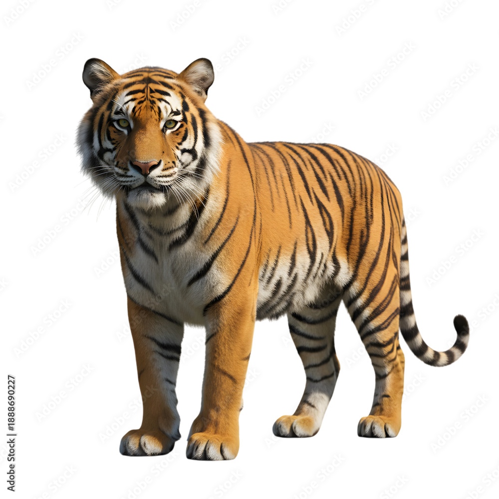 Obraz premium Majestic Royal Bengal Tiger Walking Sideways with Fierce Expression Isolated on Transparent Background