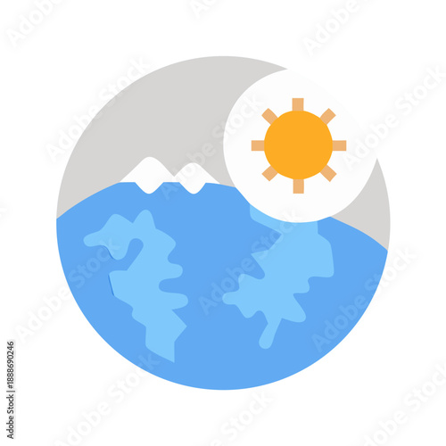 Stylized earth representation showcasing mountains, landmass, and sun