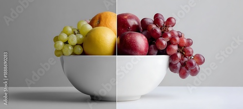 Obraz  z motywem Fresh fruit arranged in a white bowl with green and red grapes