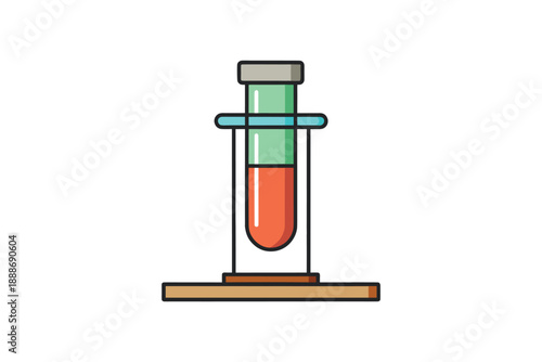 Two liquids in test tube, orange and green, in stand, chemistry lab glassware on white