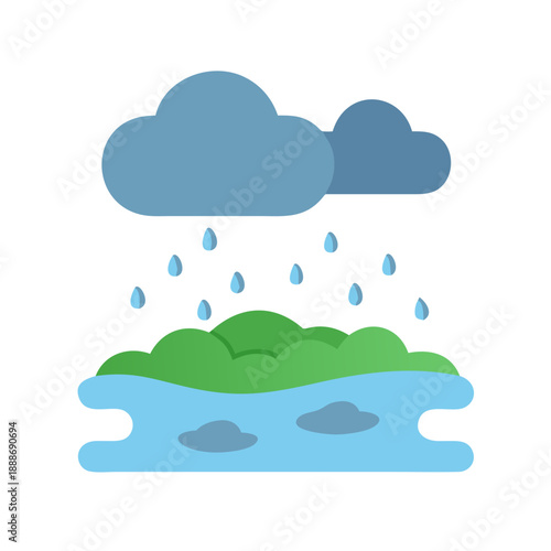 Flat illustration of rainy clouds over green landscape
