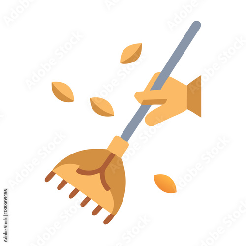 Hand raking autumn leaves flat vector icon illustration