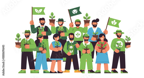 Diverse group of people holding green flags and potted plants standing together in a line on a white background with a unified and eco-friendly mood.
