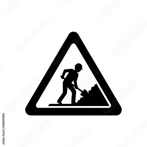 Road work ahead sign with silhouette worker, isolated on transparent background
