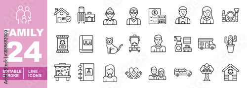 Modern family and domestic lifestyle line icon set. Editable stroke icons for home insurance, pet care, and personal services. Featuring home security, luggage for travel, elderly couple, financial