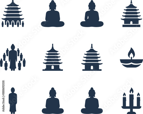 Buddhist spiritual icon set with Buddha statues temples pagodas candles meditation symbols minimal flat design dark blue vector illustration collection