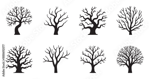 Bare Tree Silhouette Vector Set, Winter Dead Plant Icon Collection, Forest Nature Branch Graphics, Deciduous Wood Symbols for Seasonal Design