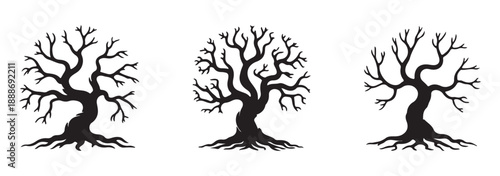 silhouette of dead tree vector illustration. silhouette of trees and branches without leaves. Bare Tree silhouette. Black Branch Tree vector. silhouette of a bare tree
