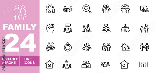 Modern family and social care line icon set. Editable stroke icons for community services, counseling, and insurance. Featuring diverse family protection (shield), conflict resolution, online family 