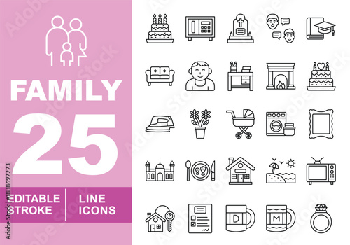 Comprehensive family and domestic life line icon set. Editable stroke icons for lifestyle blogs, real estate, and home services. Featuring home traditions (birthday cake, fireplace), household chores 