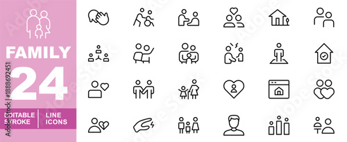 Social and family care line icon set. Editable stroke icons for community welfare, elder support, and relationship counseling. Featuring diverse family structures, healthcare assistance, house