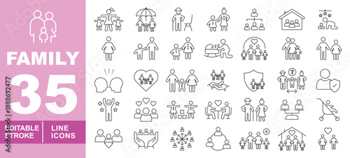 Comprehensive family and social care line icon set. Editable stroke icons for non-profits, insurance, and community services. Featuring multi-generational families, family protection (shield), elderly