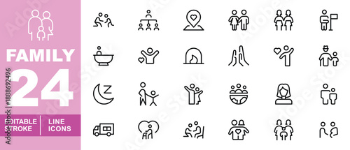 Diverse family and domestic life line icon set. Editable stroke icons for Social services, Relationship counseling, and Home care. Featuring diverse family units, Elder care, Domestic chores