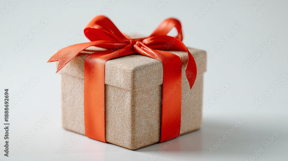 Obraz premium Simple elegant gift box with a vibrant orange-red ribbon and bow on a clean white background.