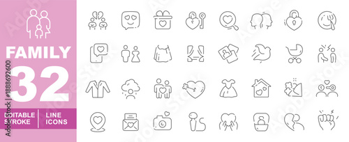 Romantic relationships and family events line icon set. Editable stroke icons for Wedding planning, Counseling, and Social expression. Featuring Marriage proposals, Anniversary celebrations, Heartbrea