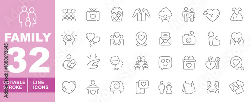 Romantic and life event line icon set. Editable stroke icons for Wedding services, Gift shops, and Relationship counseling. Featuring Heart-shaped balloons, Wine dates, Anniversary gifts, Love letters