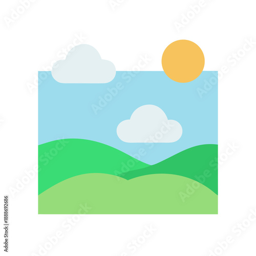 Stylized cartoon landscape with hills, sun and clouds