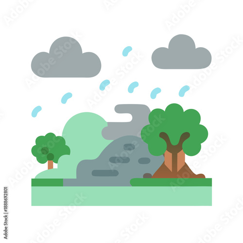 Flat design landscape illustration on a rainy day