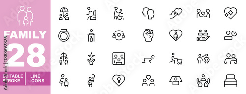 Family and social wellness line icon set. Editable stroke icons for Healthcare, Senior Living, and Community Care. Featuring Elder care, Disability support, Romantic bonding, Parenting, Maternal healt
