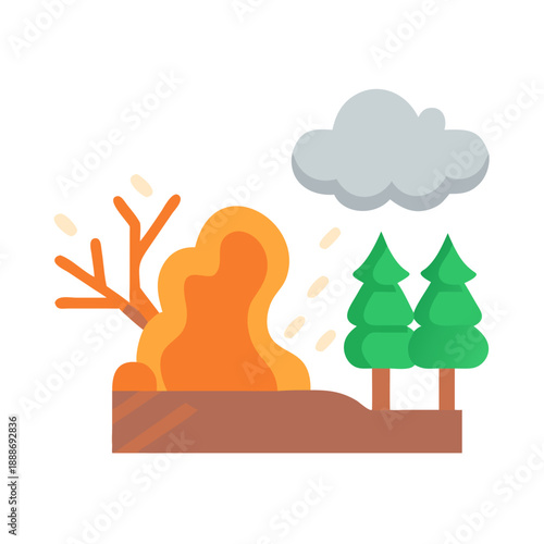 Flat illustration of autumnal woodland scene with rain cloud