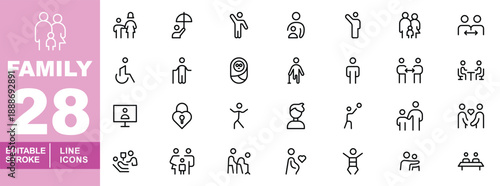 Family and social care line icon set. Editable stroke icons for Healthcare, Disability Support, and Community Welfare. Featuring Wheelchair access, Elder care, Pregnancy, Diverse family structures