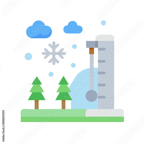 Winter weather cartoon with snow gauge and trees graphic