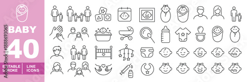 Full-range baby and parenting line icon set. Editable stroke icons for Pediatric Healthcare, Nursery, and Child Development. Featuring Pregnancy, Newborn growth stages, Vaccinations, Baby hygiene