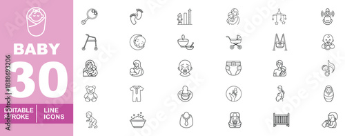 Baby care and parenting line icon set. Editable stroke icons for Childcare, Maternal Health, and Pediatric Services. Featuring Newborn Care, Breastfeeding, Baby Crying, Height Growth Tracker, Rattles