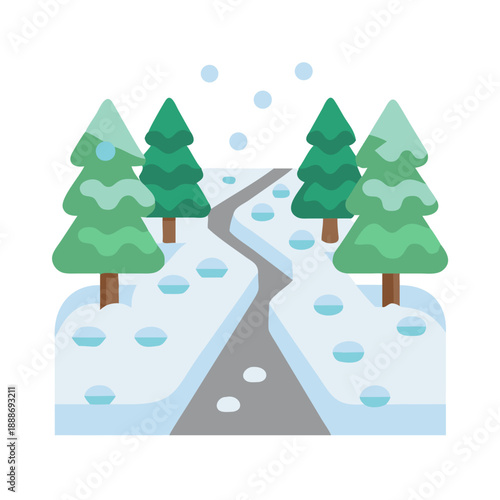 Stylized snowy path through forest in winter illustration