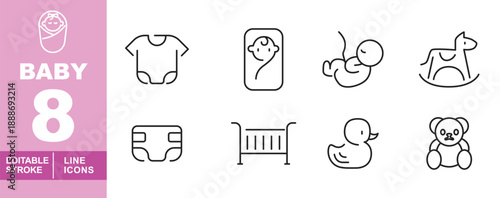 Baby and nursery line icon set. Editable stroke icons for Maternity, Childcare, and Early Childhood Development. Featuring Baby Onesie, Newborn Head Profile, Teddy Bear, Rocking Horse, Baby