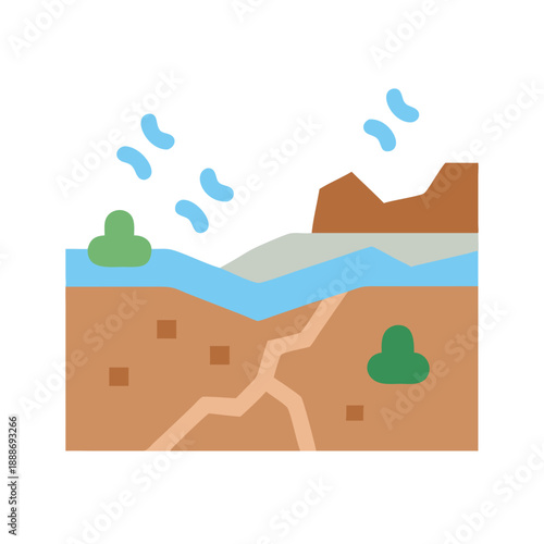 Stylized landscape illustration depicting arid ground with sparse water