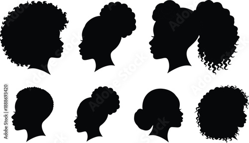 Black female profile silhouette hairstyles collection with natural afro curly buns ponytails beauty fashion minimal vector illustration set design elements