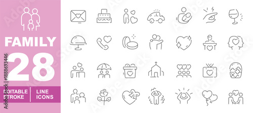 Family and relationship line icon set. Editable stroke icons for Wedding, Romance, and Emotional Bonding. Featuring Wedding Cake, Diamond Ring, Love Letter, Church, Romantic Dinner, Heart Balloons